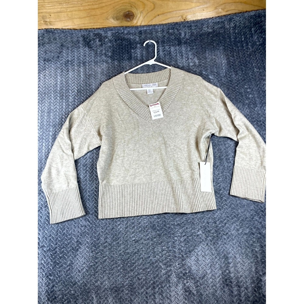 Rachel Zoe Sweater Womens XS Oatmeal Rayon V-Neck Ribbed Hem Pullover Winter